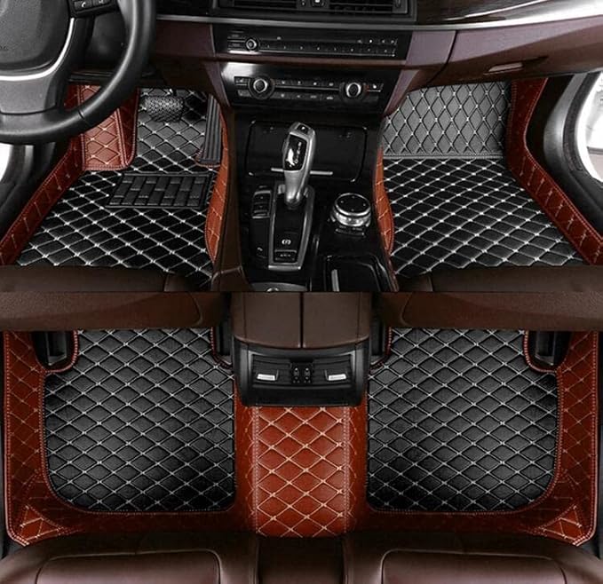 Custom Floor Mats for Cars fit 95% Sedan SUV Sports Car Full Coverage All Weather Men Women Pads Protection Non-Slip Leather Floor Liners (Black Brown Stitching)