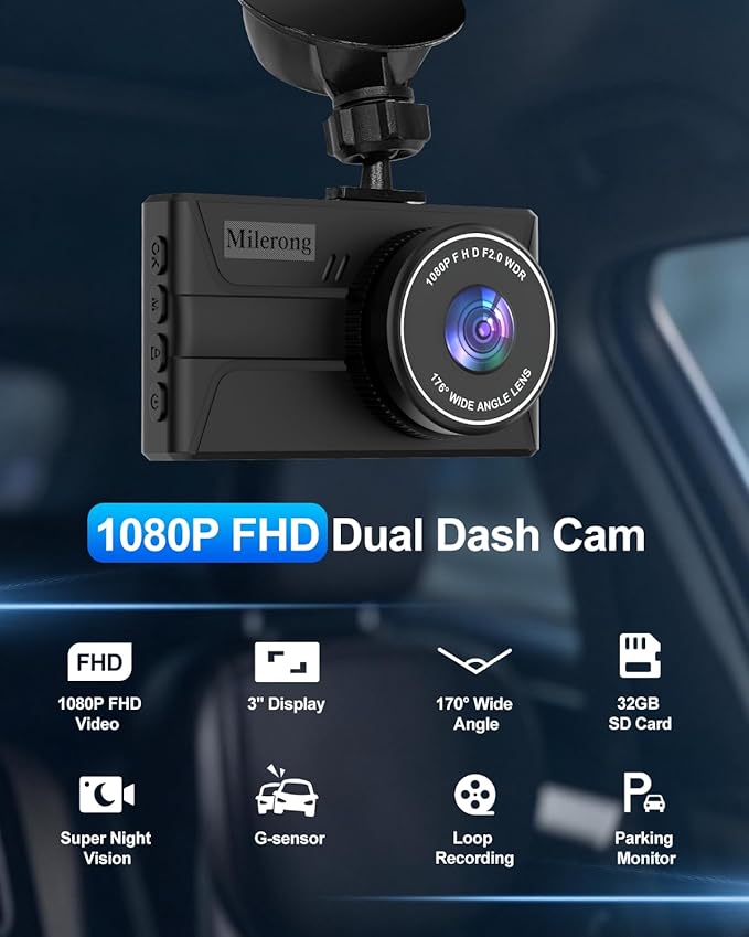 Dash Cam Front and Rear, 1080P Dual Dash Camera for Cars with 32G SD Card, 24 Hours Parking Monitor, Night Vision, Loop Recording, G-Sensor, 3'' IPS Screen, 170°Wide Angle