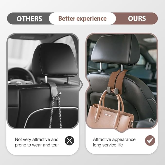 Car Seat Back Storage Hook, 2026 New Two Hook Fur Leather Seat Back Headrest Hanger Genuine Leather Double Metal Hook for Backseat Organizer, Car Organization Accessories (2, Black)
