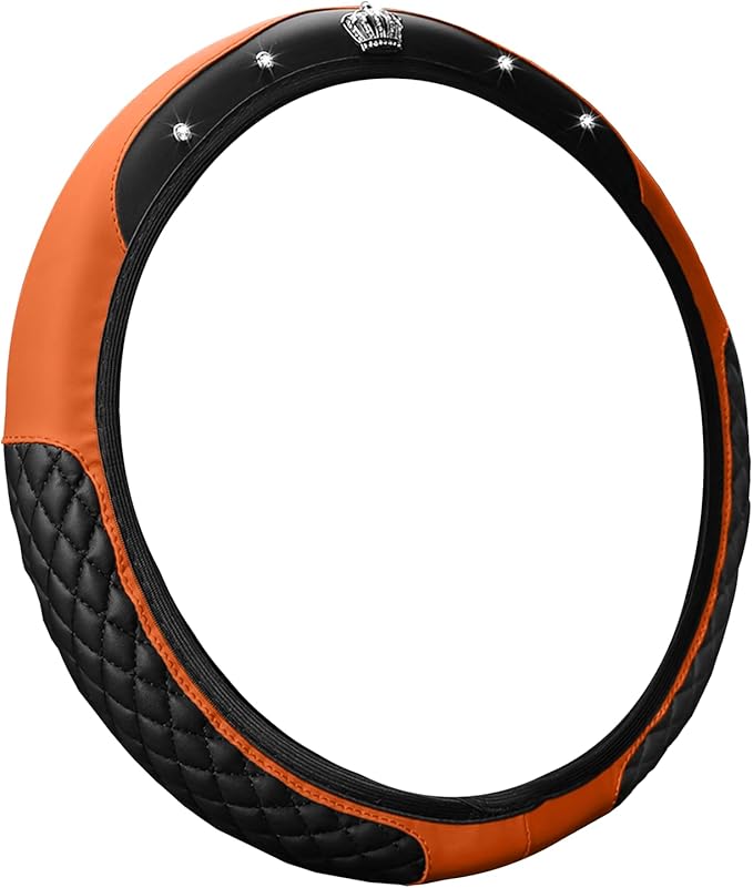 Bling Car Steering Wheel Cover, Diamond Leather Crystal Rhinestones Vehicles Steering Wheel Protector, Sparkling Anti-Slip Automotive Interior Decoration Accessories, Universal Fit (Orange)