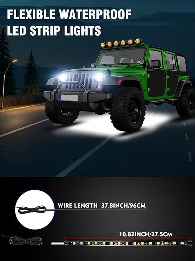 8 Pcs Car Led Light Strip IP67 Waterproof 11" Flexible Led Lights Underglow 12V for Car Motorcycle Boat Golf Cart Interior Exterior Decoration - White