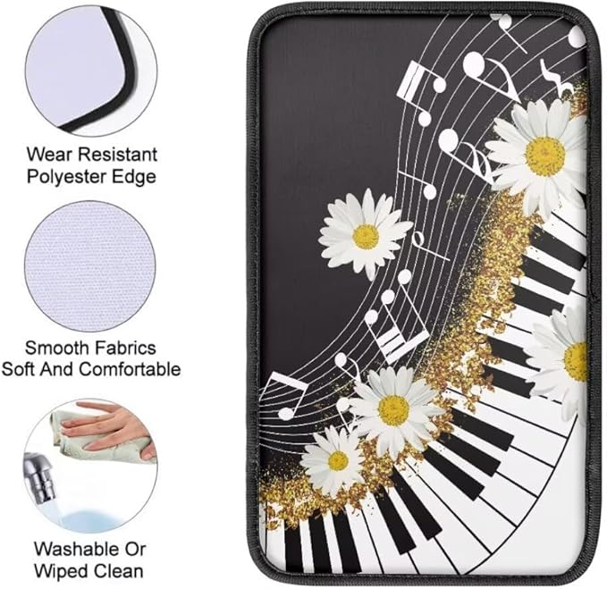 Coldinair Music Notes Car Armrest Cover,Piano Keys Auto Center Console Pad,Soft Seat Box Cover Protector Cushion,Daisy Car Accessories Decor for Most Cars,Sedan,Truck,SUV