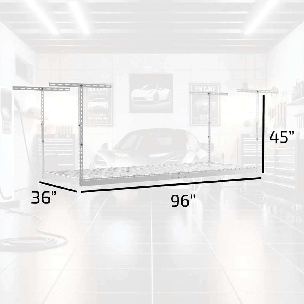 MonsterRax Overhead Garage Storage Racks 3x8’ Ceiling Mounted Shelving, Adjustable Hanging Organizer, Heavy Duty Steel, Holds 500 Pounds, Color: White, Adjustable from 24"-45" off the Ceiling