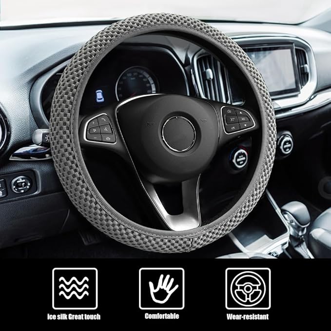 Elastic Stretch Steering Wheel Cover, Car Wheel Cover, Universal 15 Inch Car Steering Wheel Protector, Interior Accessories Microfiber Breathable Ice Silk Steering Wheel Covers for Car (Gray)