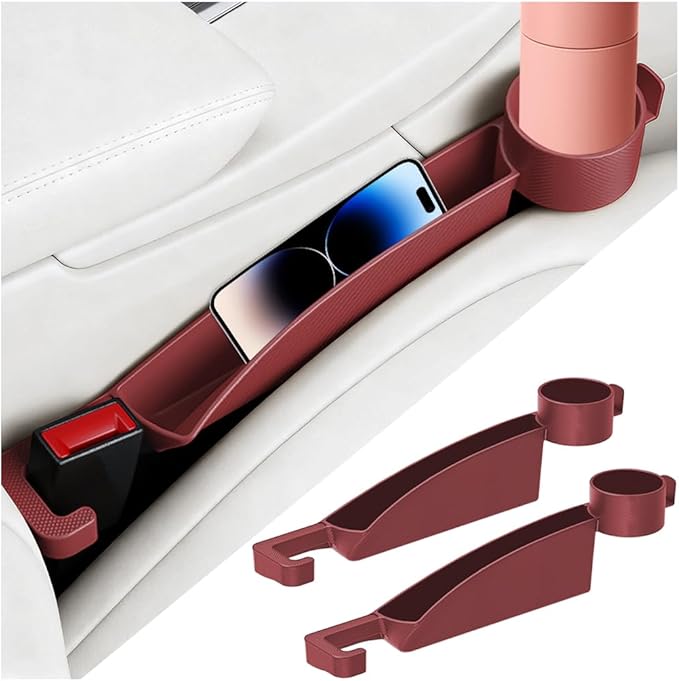 2PCS Car Seat Gap Filler, Dual Slot Carbon Fiber Vehicle Side Seat Gap Organizer Strip with Cup Holder, Auto Console Guard Spacer Stop Things from Dropping, Universal Fit (Red)