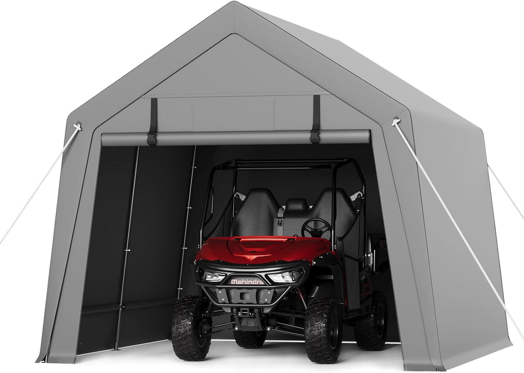 10 x 10 ft Carport Storage Shed, Portable Garage with Roll-up Zipper Door, Heavy Duty Waterproof Tarp, Storage for Motorcycle, Bike, Firewood, Garden Tools