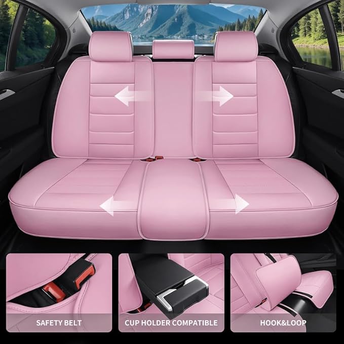 Car Seat Covers Full Set Custom Fit for Ford Taurus 1999-2018 - Premium Faux Leather with Lumbar Support, Breathable, Waterproof, Anti-Slip, Durable, Easy to Install (Pink, Full Set)