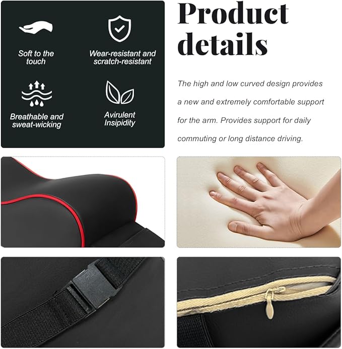 Car Center Console Cover, Soft Memory Foam Auto Arm Rest Pillow with Phone Holder Storage Bag, Waterproof Leather Armrest Seat Box Protector Comfy Cushion Pad for Most Cars (Black&Red)