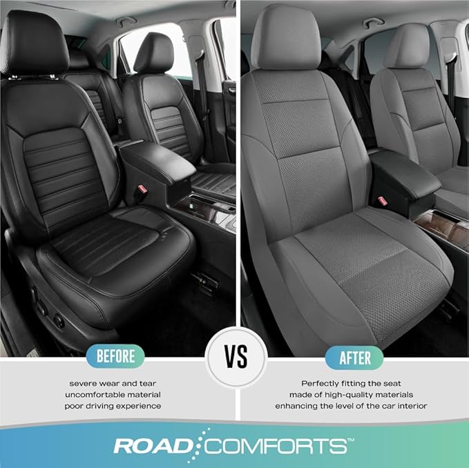 Road Comforts Front Leather Mesh Car Seat Cover - Breathable & Stylish, Airbag Compatible, Universal Fit for Cars, SUVs, Trucks, and Vans - Gray Color