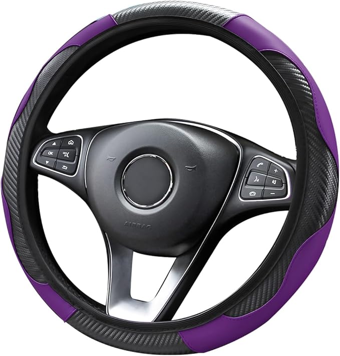Car Steering Wheel Cover, Microfiber PU Leather Elastic Carbon Fiber Auto Steering Wheel Protector, 15 Inch Breathable Anti-Slip for Women Men, Car Interior Accessories for Most Cars (Black/Purple)