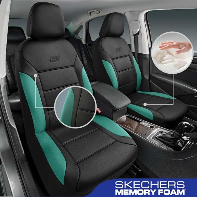Skechers Memory Foam Car Seat Covers,Fabric Car Seat Protection Thick Memory Foam, Seat Cover for Cars Airbag Compatible, Automotive Comfort Protection for Most Cars,Trucks, SUVs,Green