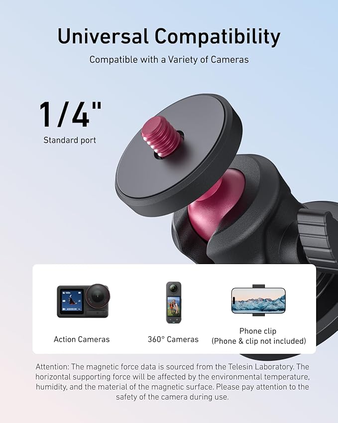 TELESIN Magnetic Mount Magnet Metal Mounts for Action Camera, 360° Quick Car Holder Attachment for DJI Action 6 5 Pro OSMO 360 Nano Pocket 3 GoPro Max Hero 13 12 11 10 Insta360 X5 Mounting Accessory