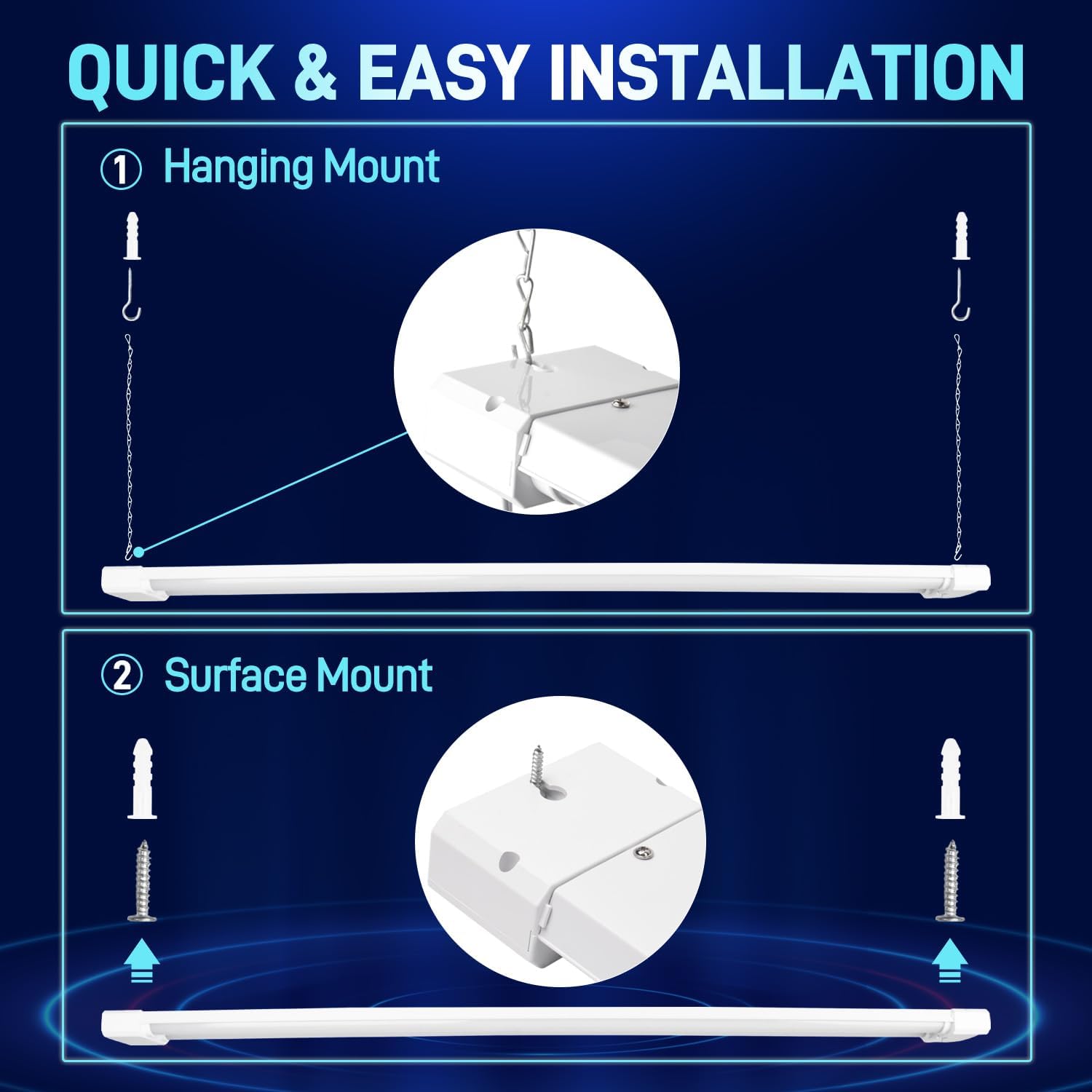 hykolity 4 Pack 4FT Linkable LED Shop Light for Garage, 6500lm, 4FT 60W Utility Light Fixture, 5000K Daylight LED Workbench Light with Plug, Hanging or Surface Mount, White - ETL