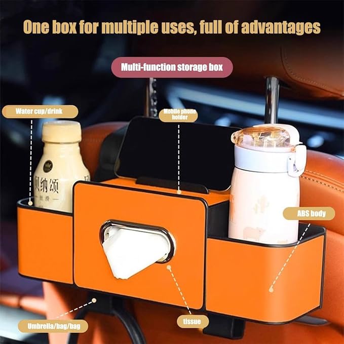 Car Multifunctional Seat Back Waterproof Storage Bag, Multifunctional & Waterproof Car Back Seat Organizer with 2 Cup Holders&Hooks, Hanging Storage Box for Most Cars (brown)