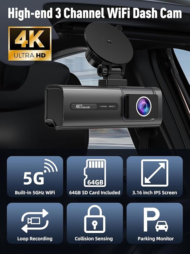 3 Channel 5G WiFi Dash Cam, 4K+1080P+1080P Dash Cam Front and Rear with 64GB Card, Dash Camera for Car with HDR IR Night Vision, G-Sensor, 24/7 Parking Mode, WDR, Support 128GB Max - Gray