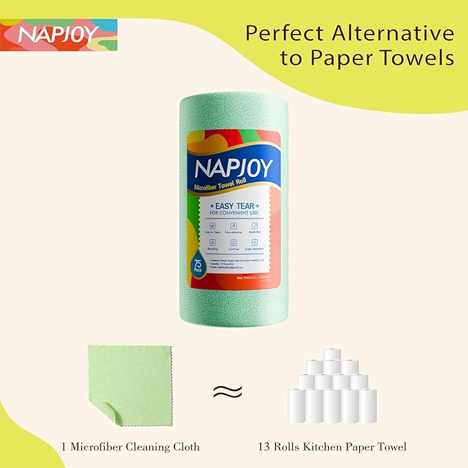 Napjoy Microfiber Cleaning Cloth Roll, 75PK Easy Tear Away Reusable Paper Towels, 12" x 12", Lint-Free and Scratch-Free with Patented Fiber Technology Microfiber Towel Roll, Green