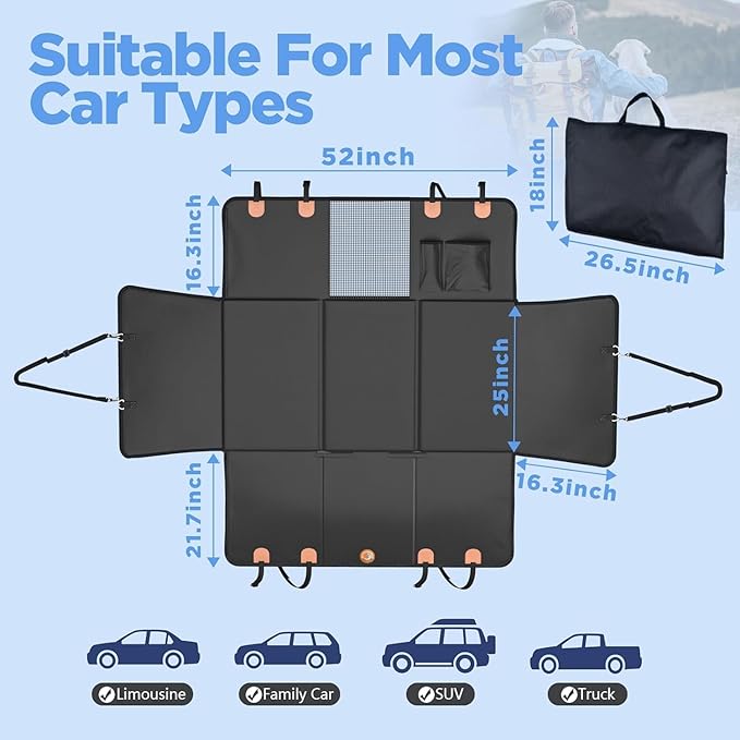 MYJAQI Back Seat Extender for Dogs, PU Leather Dog Car Seat Cover for Back Seat with Hard Bottom, 100% Waterproof, Scratch Proof and Anti Slip Dog Hammock for Car, Holds 400lbs