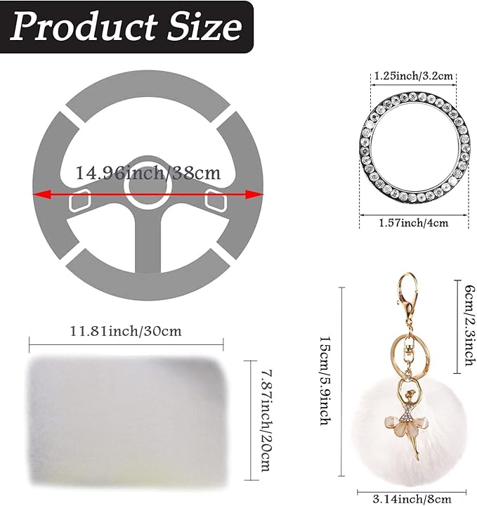 ZYNQACC 9 Pack Cute Bear Fluffy Car Accessories for Women Girls,Kawaii Fuzzy Steering Wheel Cover Universal 15 inch Plush Cute Ears （Beige）