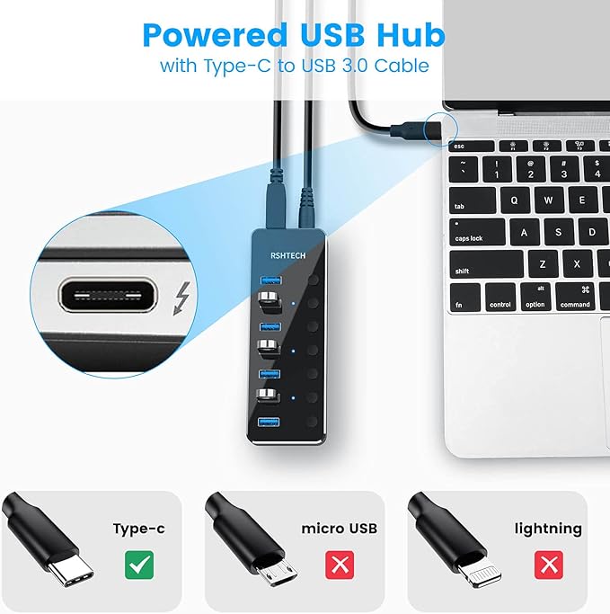 Powered USB Hub RSHTECH Type C to 7 Port USB 3.0 Data Port Hub Expander Aluminum Portable Splitter with Universal 5V AC Adapter and Individual On/Off Switches for Laptop and PC(Black)