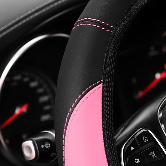 Car Steering Wheel Cover, Leather Elastic No Inner Ring Vehicle Steering Wheel Protector for 14.5-15Inch, Anti Slip Auto Interior Protection Accessories, Universal for SUV Sedan Truck (Pink)