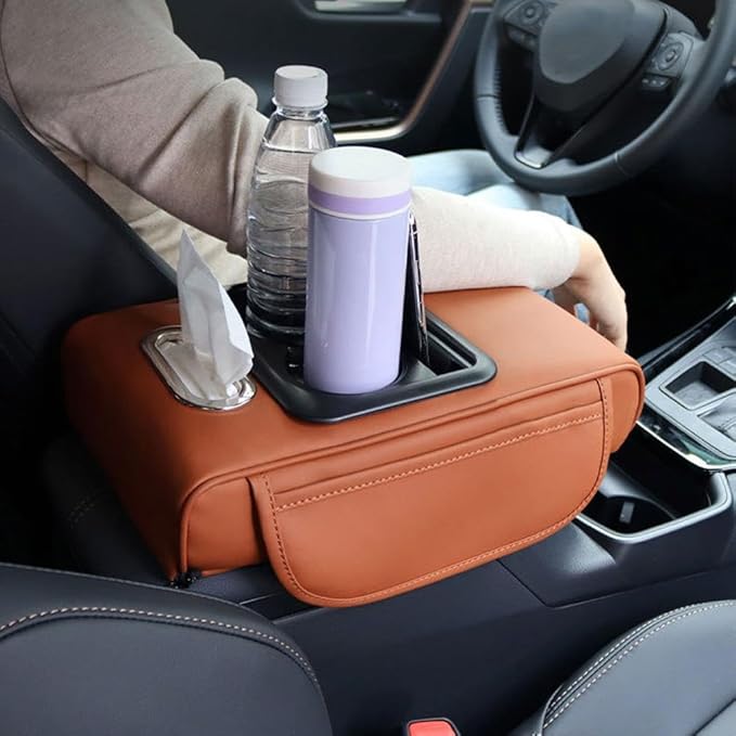 Car Armrest Cushion,5-in-1 Center Console Cover with 2 Storage Bags Cup Holder, Tissue Box Slot, Phone Slot for Car Sedans,Car Interior Accessories for Most Vehicle, SUV, Truck,Cars (Grey)