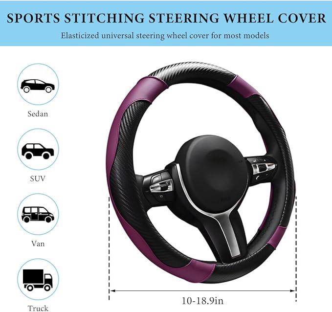 Car Steering Wheel Cover, 15 Inch Anti-Slip Stretch Leather Steering Wheel Protector, Comfortable Breathable Sporty Steering Wheel Cover for Women Men, Car Accessories (Black & Purple)