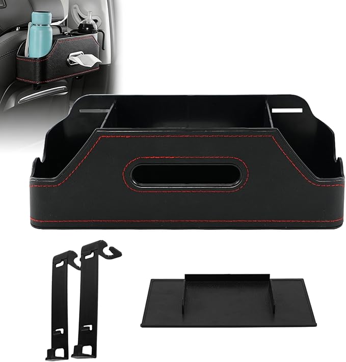 Sporacingrts Car Seat Back Organizer with Cup Holders, Tissue Box, Hooks, Phone Slot, Black PU Leather Storage Box for Backseat, 1 Pack, Fits Most Cars SUVs Trucks