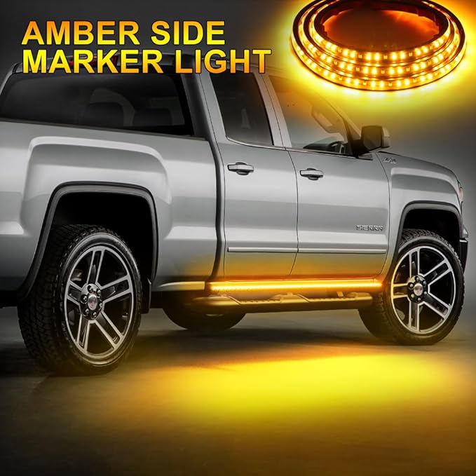Truck LED Running Board Lights Amber Side Marker Kit, White Courtesy Lights Extended Crew Cab 2pc 48Inch 144 Led Bar Bed Light Switchback Underglow Strip for Pickup Trucks SUV Car Work (48Inch Board)
