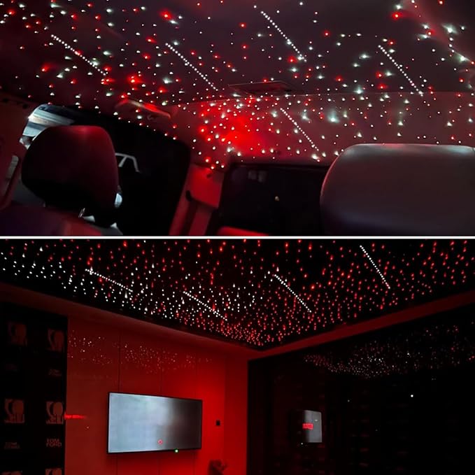 AKEPO Different Color 18W Twinkle+Shooting Star All-in-1 Fiber Optic Starlight Headliner Kits, 600pcs*0.03in*9.8ft+240pcs Meteor Fibers Car Home Remote/APP Music Activated Optic Fiber Star Lights