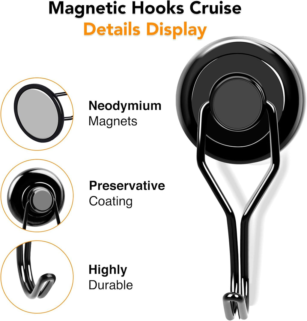 MIKEDE 110 LBS Black Magnetic Hooks, 6 Pack Swivel Swing Magnet Hooks Heavy Duty, Strong Neodymium Magnets Hanger for Hanging, Grill, Cruise Cabins - 32mm(1.26in) in Diameter