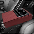 Car Center Console Armrest Pillow, 14"×8.3" Waterproof Leather Armrest Box Cover with Cup and Phone Holder, Soft Memory Foam Arm Rest Console Pad Protector for SUV Truck (Wine Red, Embroidery)