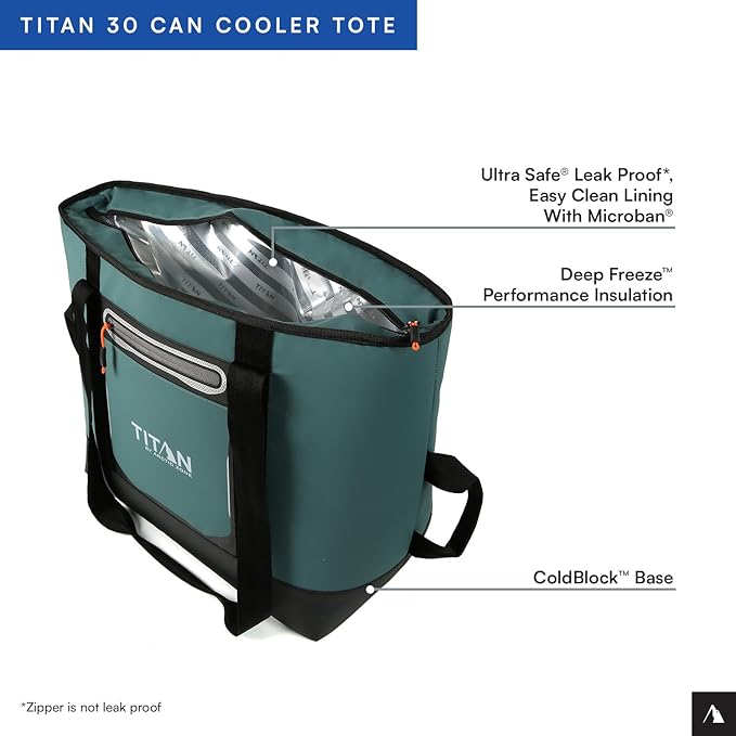 Titan by Arctic Zone Soft Sided Cooler Tote, Insulated Bag with Handle, Shoulder Strap, and Zipper for Lunch, Picnic, and Travel, 30 Can Capacity