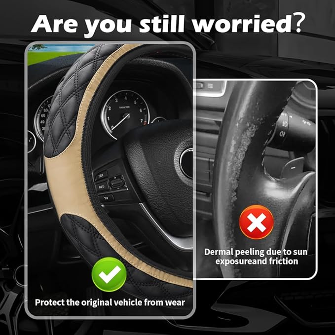 15 Inch Car Steering Wheel Covers with Double Colors,Non-Slip Leather Steering Wheel Cover for Protecting Steerings Wheels,Universal Cars Decorations Car Wheels Cover (Beige)