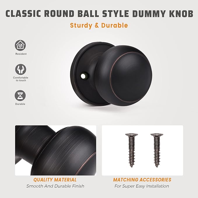 KNOBWELL 6 Pack Bronze Dummy Door Knob, Single Sided Handle for Closets, French Double Doors, and Pantry, Oil Rubbed Bronze One Side Non-Turning Interior Push/Pull Door Knob
