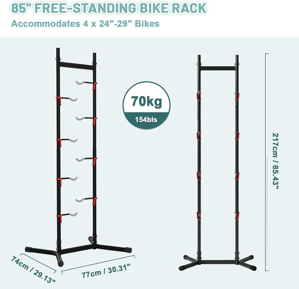 Urban Deco 2-4 Bike Storage Rack Garage Max154lbs, Freestanding Indoor Bike Rack with Adjustable Hooks, Vertical Bike Floor Stand for Road, Mountain and Hybrid Bike, Black