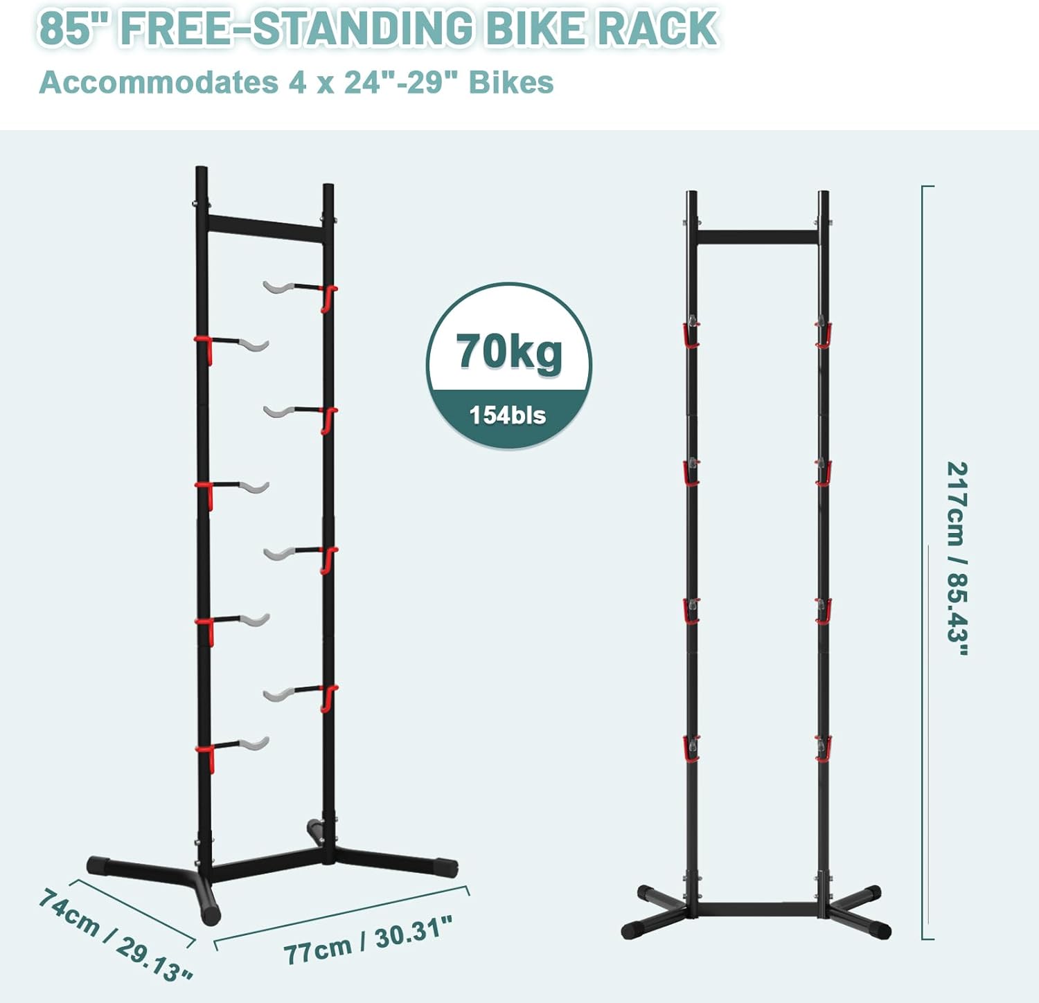 Urban Deco 2-4 Bike Storage Rack Garage Max154lbs, Freestanding Indoor Bike Rack with Adjustable Hooks, Vertical Bike Floor Stand for Road, Mountain and Hybrid Bike, Black