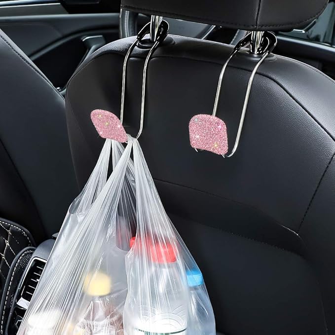 SAVORI Car Headrest Hooks Bling Car Accessories Rhinestones Universal Auto Back Seat Headrest Metal Hanger Organizer Vehicle Holder for Bag Purse Clothes Grocery 2PCS (Pink)