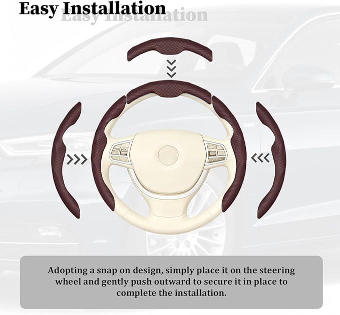3PCS Car Steering Wheel Cover, Nappa Leather Breathable Non-Slip Segmented Steering Wheel Protector, Snap-on Auto Interior Decoration Accessories, Universal Fit (Brown)