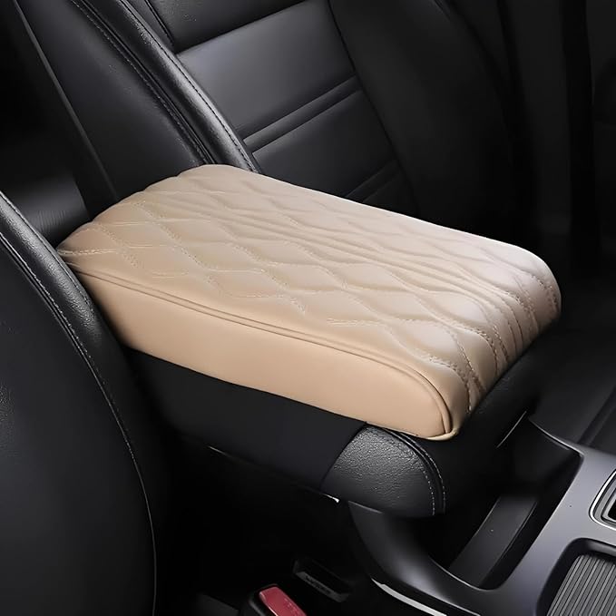 Leather Car Armrest Box Pad, 2026 New Upgrade Waterproof Universal Memory Cotton Armrest Box Pad, Center Console Lid, Car Center Console Cover for Most Vehicle, Car Accessories (Beige)