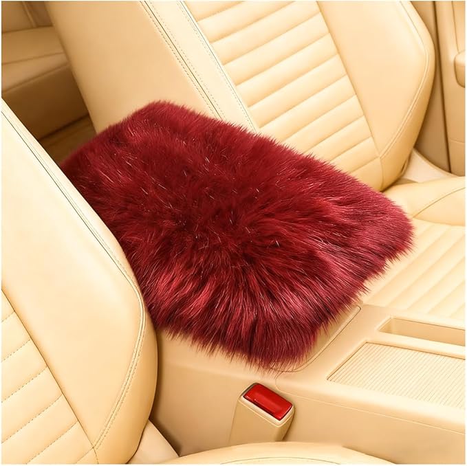 Car Center Console Cover, Fluffy Soft Vehicle Middle Console Arm Rest Cushion Pad, Furry Automotive Interior Armrest Seat Box Protector Decoration Accessories, Universal Fit (Wine Red)