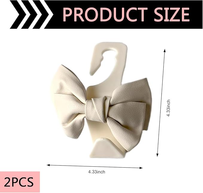 2PCS Car Seat Headrest Hooks, Cute Bow Car Backseat Storage Hooks, Lovely Leather Auto Purse Hook Hanger, Women and Girl Car Interior Accessories for Umbrellas, Coat, Bag (Leather-White)