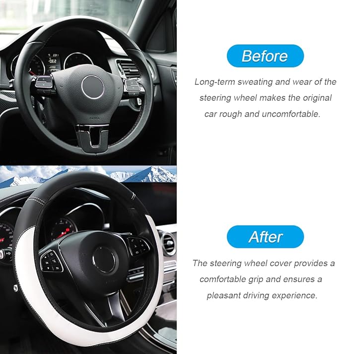 Car Steering Wheel Cover, Leather Elastic No Inner Ring Vehicle Steering Wheel Protector for 14.5-15Inch, Anti Slip Auto Interior Protection Accessories, Universal for SUV Sedan Truck (White)
