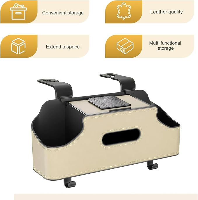 Car Seat Back Organizer, Multi-functional Storage Box for Tissue Water Cup Phone Umbrella Bag, Strong Load-bearing 2 Hooks 2 Drink Cup Holders, Universal Hanging Interior for Cars (Beige)