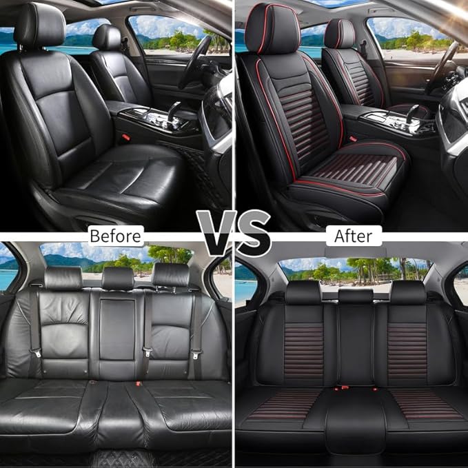 Car Seat Covers Full Set Fit for Toyota Matrix 2003-2014, Premium Faux Leather Car Seat Protector,Breathable Anti-Slip Full Wrapping Edge Seat Covers(Black&Red,Full Set)