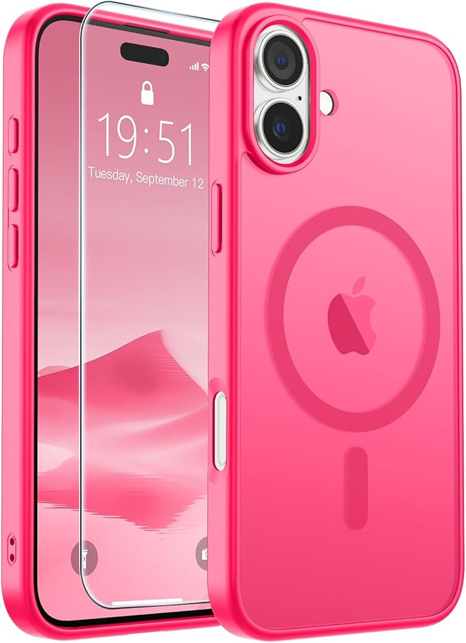 SUPFINE Magnetic for iPhone 16 Plus Case(Compatible with MagSafe) (Military Grade Drop Protection) Slim Translucent Matte Shockproof with Anti-Fingerprint Phone Case,Hot Pink