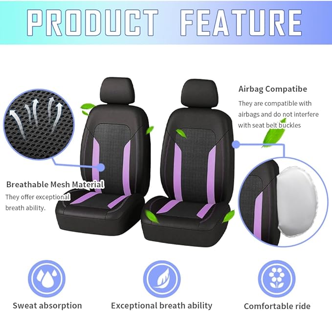 4PCS Cooling Car Seat Covers,Breathable Front Seat Covers with Mesh Construction and Foam Padding,Car Seat Protector to Reduce Back Sweating,Universal Car Interior for Car SUV (Purple)