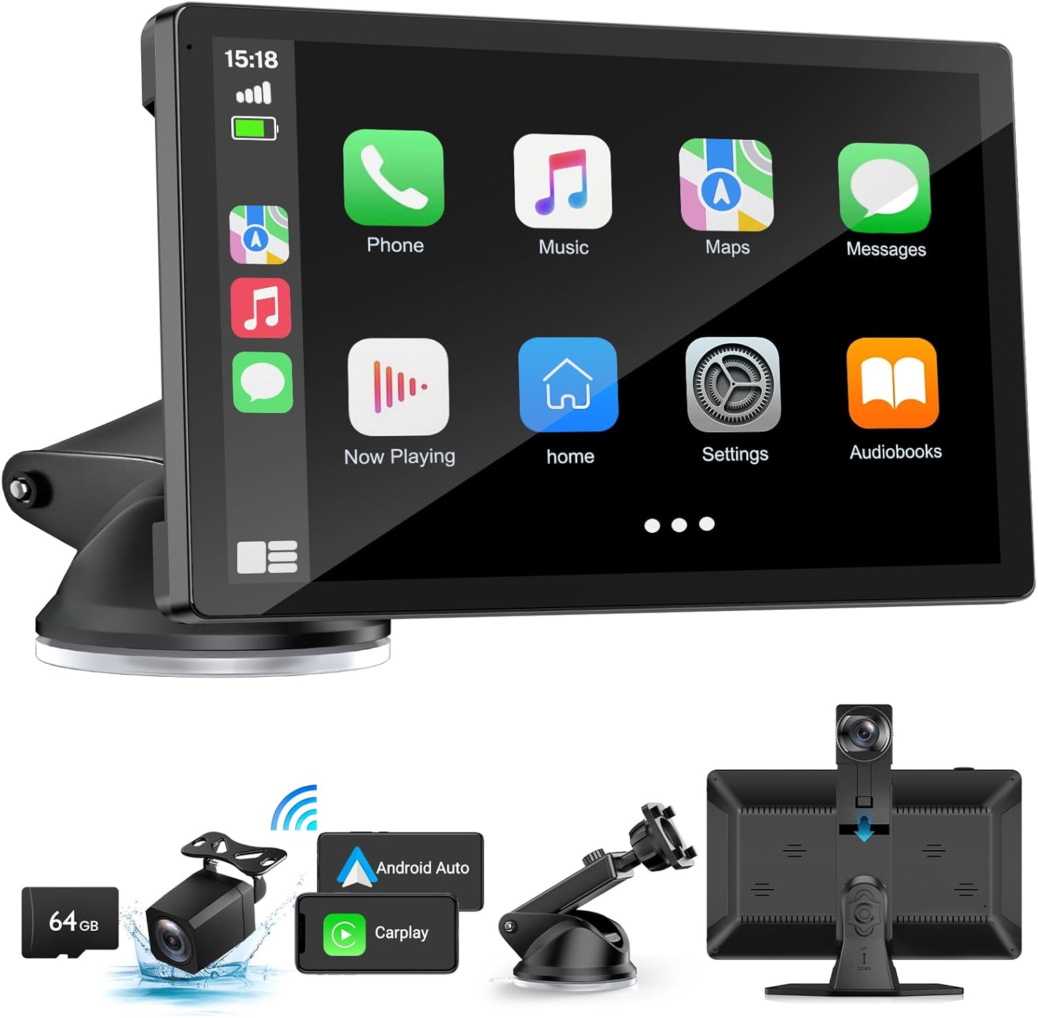 Wireless Carplay Screen for Car with 4K Dash Cam, 9" Portable Carplay & Android Auto, Component Subwoofer, Touchscreen with 1080p Backup Camera, GPS Navigation/Voice Control/BT/Mirror Link/FM