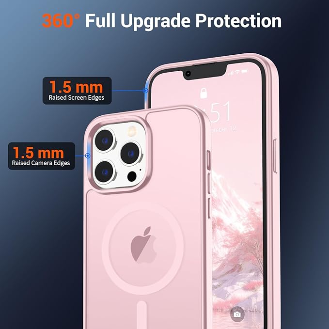 SUPFINE Magnetic for iPhone 13 Pro Case with Screen Protector (Compatible with MagSafe) (Military Grade Drop Protection) Translucent Matte Shockproof Phone Cover,Light Pink