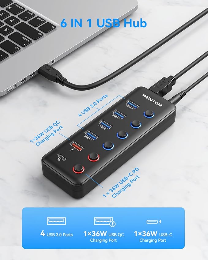 Powered USB 3.0 Hub, Wenter 6-Port USB Hub Splitter (4 Faster Data Transfer Ports+ 2Pcs 36W QC Charging Ports) with Individual LED On/Off Switches, USB Hub 3.0 Powered with Power Adapter