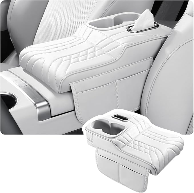 Car Armrest Storage Box for Cadillac SRX 2004–2016 2013 2014 2015, Sport-Style Center Console Organizer with Side Pocket, PU Leather Armrest Cushion, Elbow Support Pad,B White